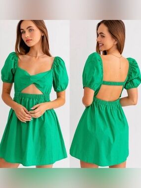 Le Lis Green Twisted Front Open Back Puff Sleeve Mini Dress - Medium